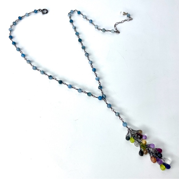 Aquamarine Y Necklace, Oxidized Sterling Silver Wire Wrapped Necklace - Picture 2 of 5